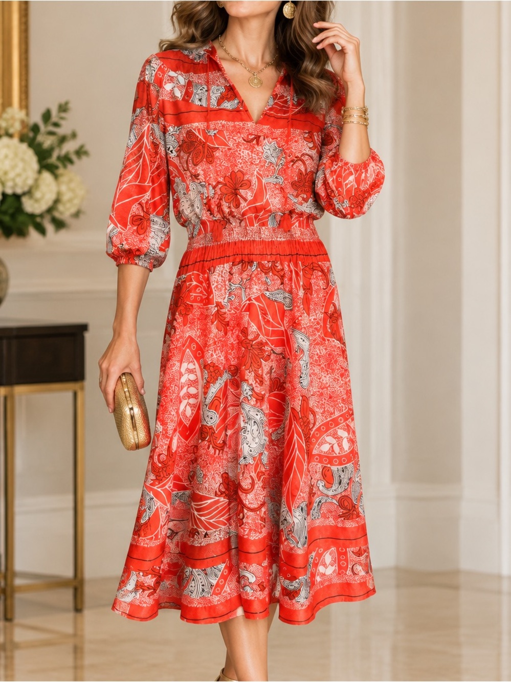 Diane Freis 1980s Original Red Paisley Midi Dress with Elastic Waist. Luxury